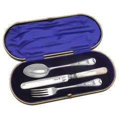 Antique Edwardian sterling silver and Mother of Pearl Child's cutlery set made in 1907