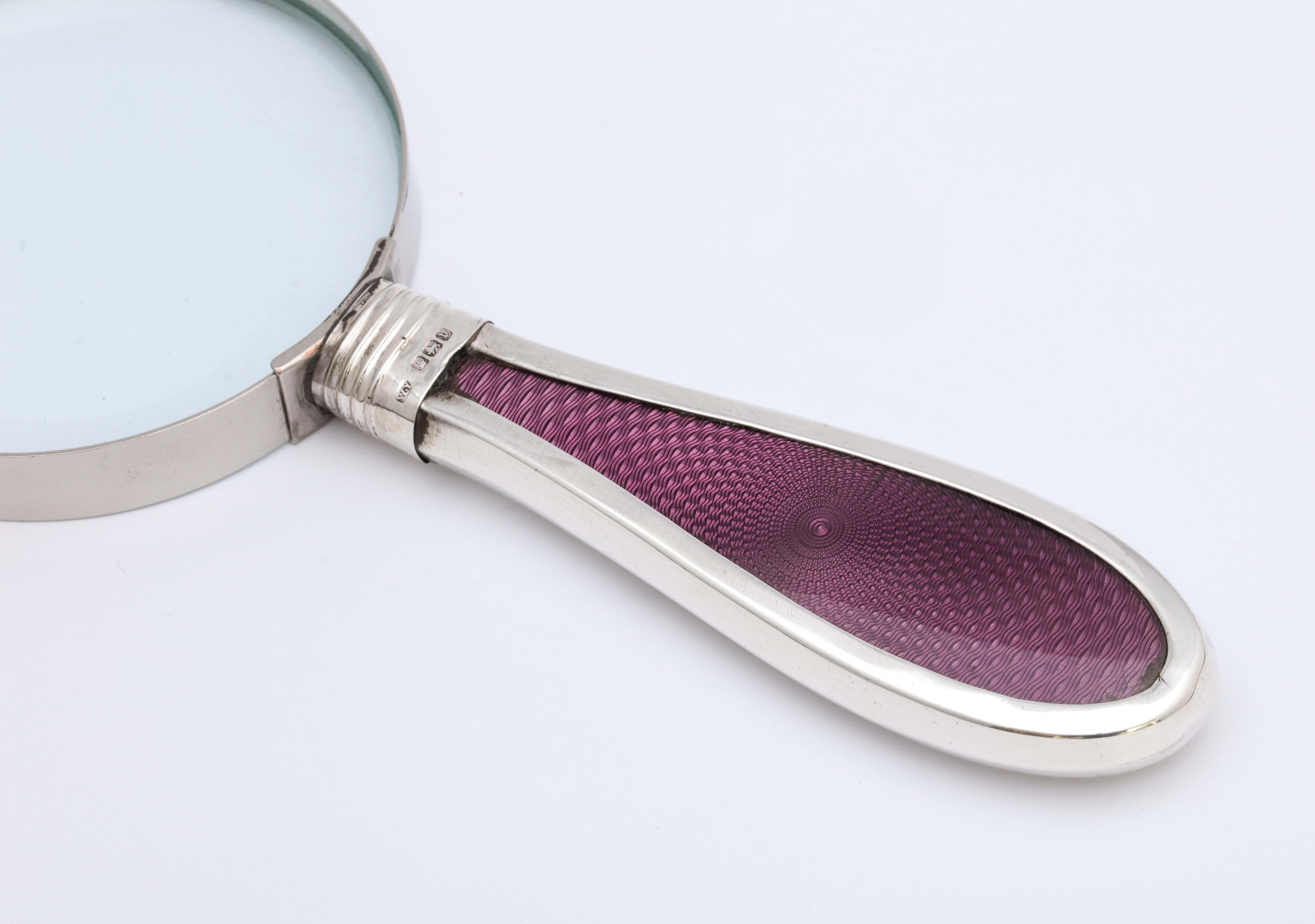 English Edwardian Sterling Silver and Purple Guilloche Enamel-Handled Magnifying Glass