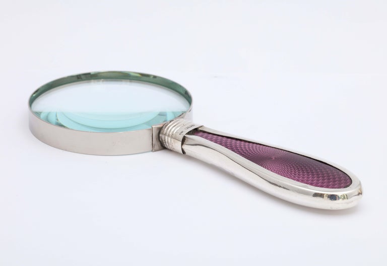 Edwardian Sterling Silver and Purple Guilloche Enamel-Handled Magnifying Glass 1