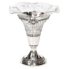 Edwardian Sterling Silver Detailed & Etched Glass Insert Vase signed W.W. Wattle