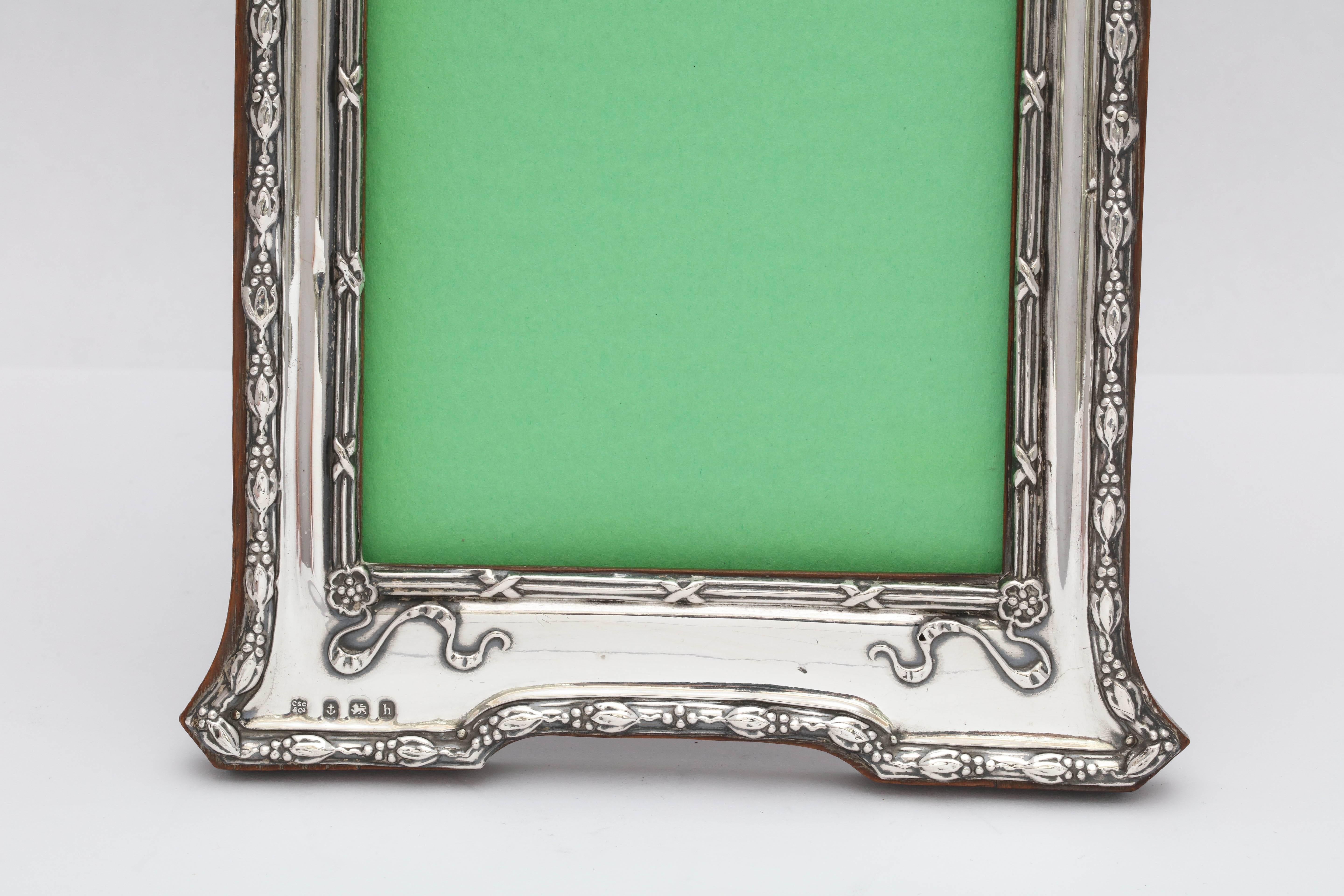 English Edwardian Sterling Silver Footed Hump Top Picture Frame with Wood Back