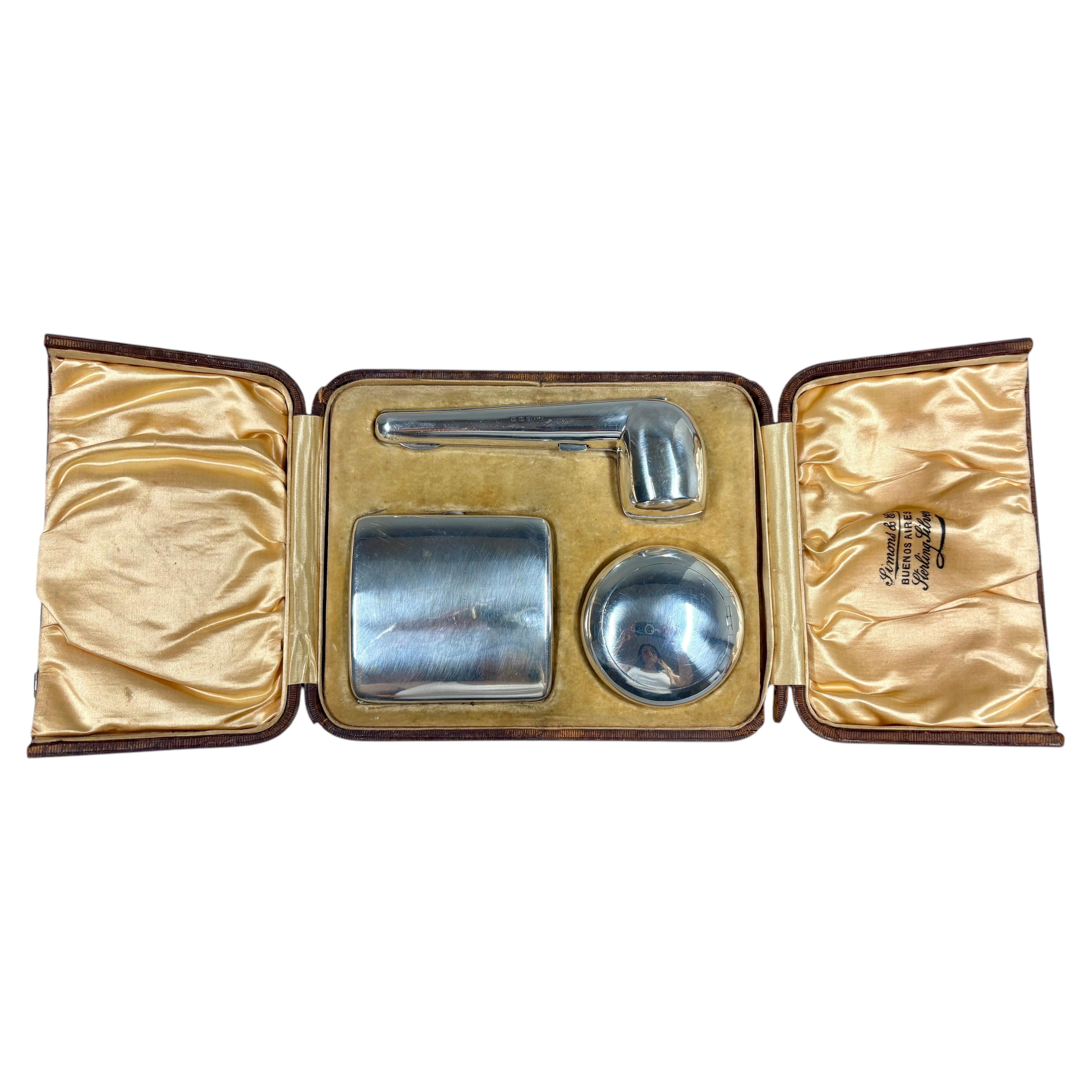 Edwardian sterling silver Gentleman's smoking set by A.J Zimmermann, 1909