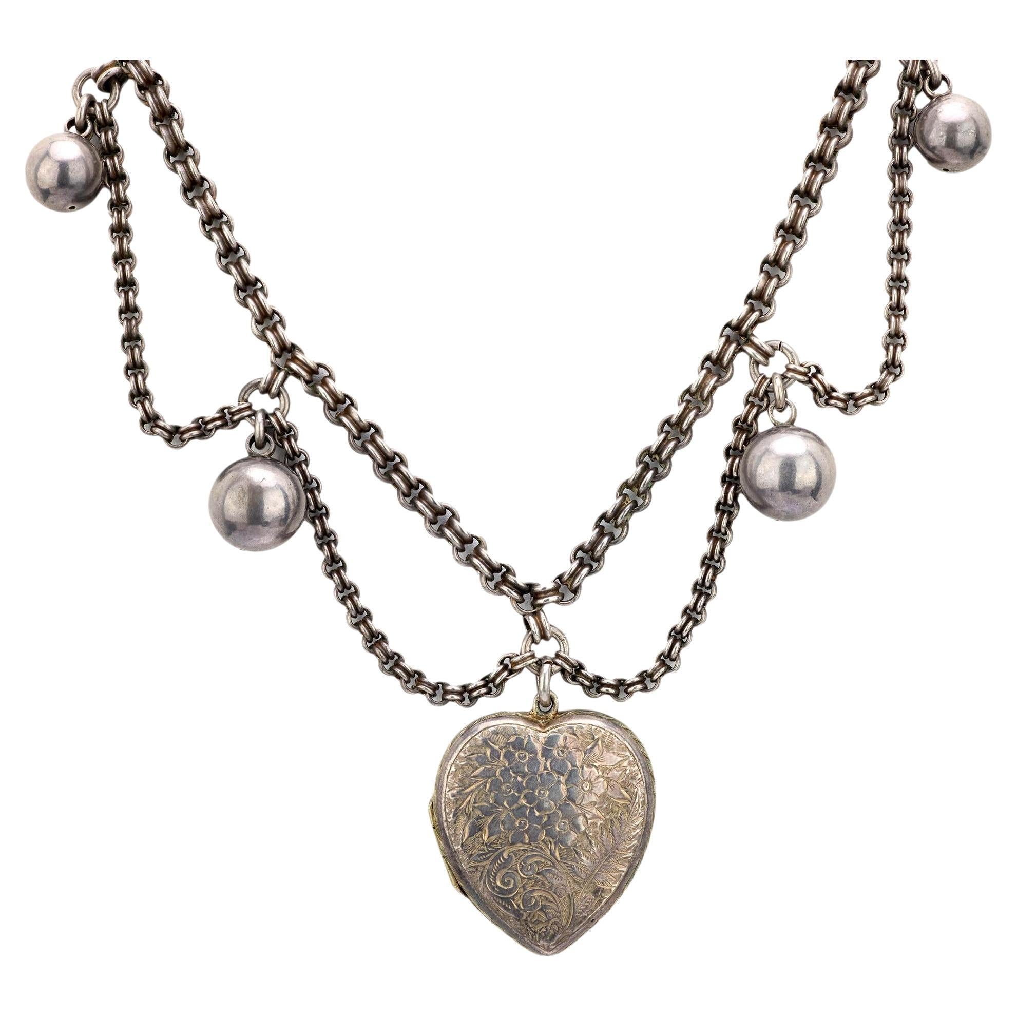 Edwardian Sterling Silver Heart Locket Pendant Festoon Necklace