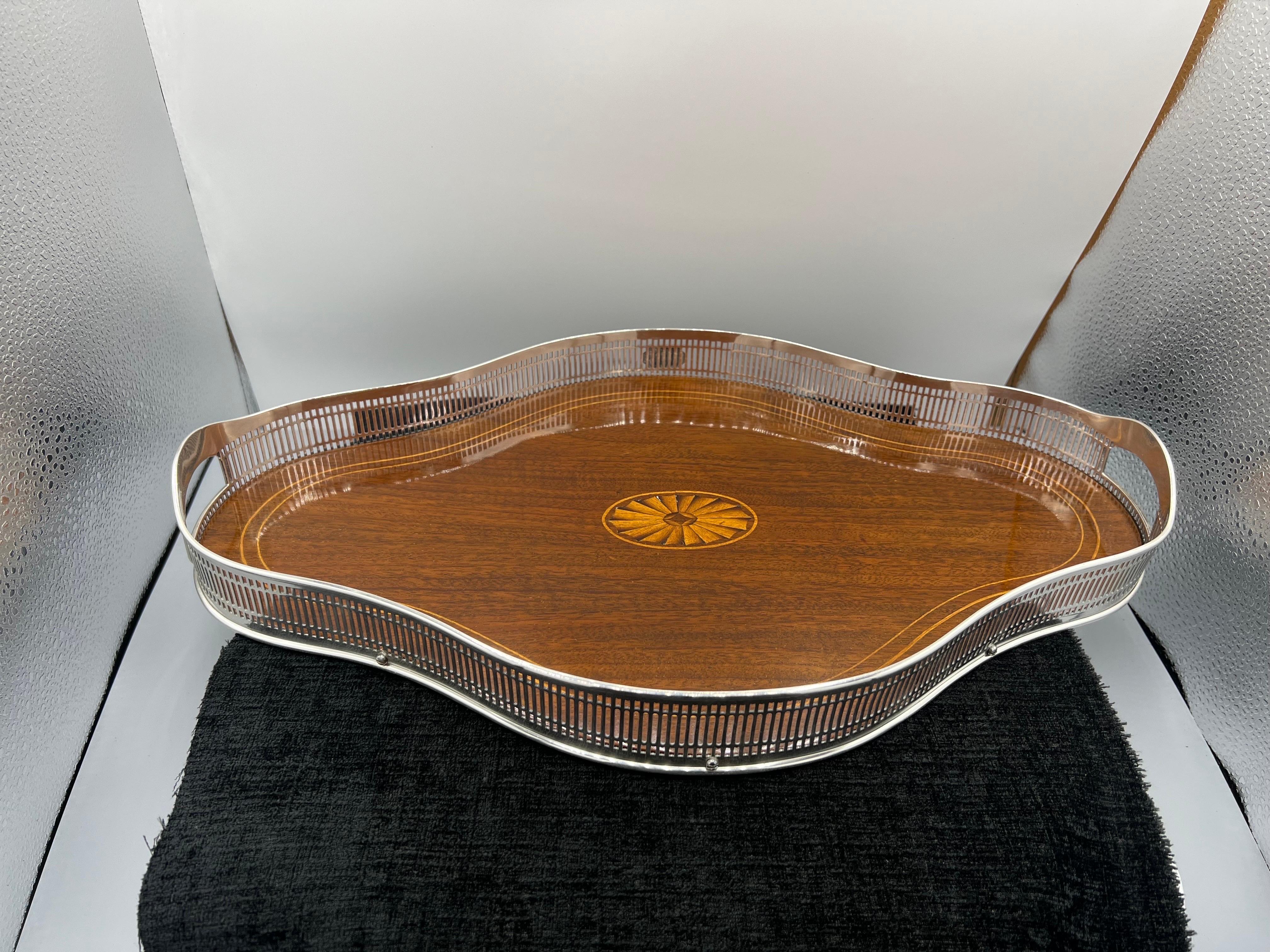 Marquetry Edwardian Sterling Silver & Mahogany Cocktail Tray For Sale