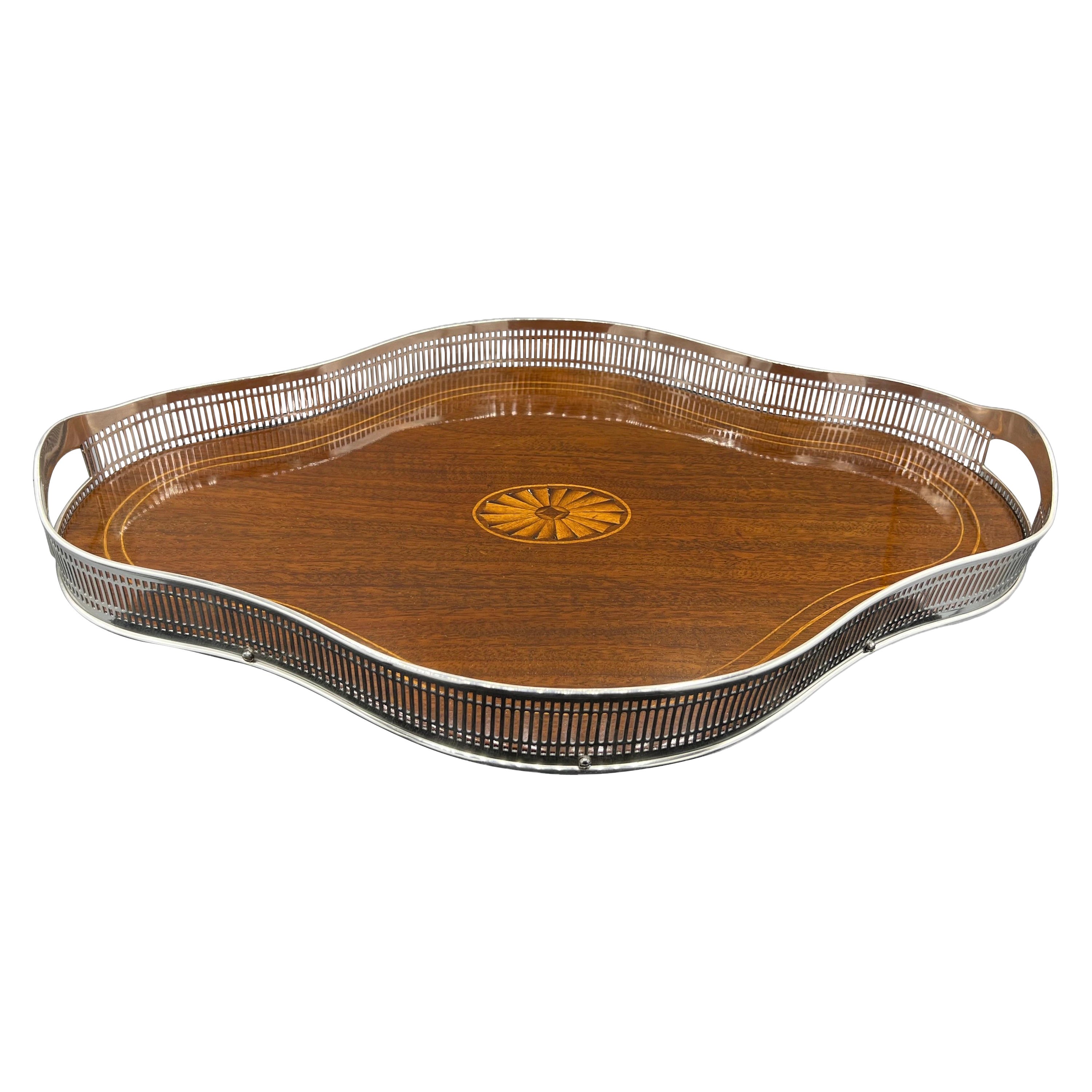 Edwardian Sterling Silver & Mahogany Cocktail Tray