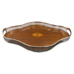 Bandeja de cóctel eduardiana de plata de ley y caoba
