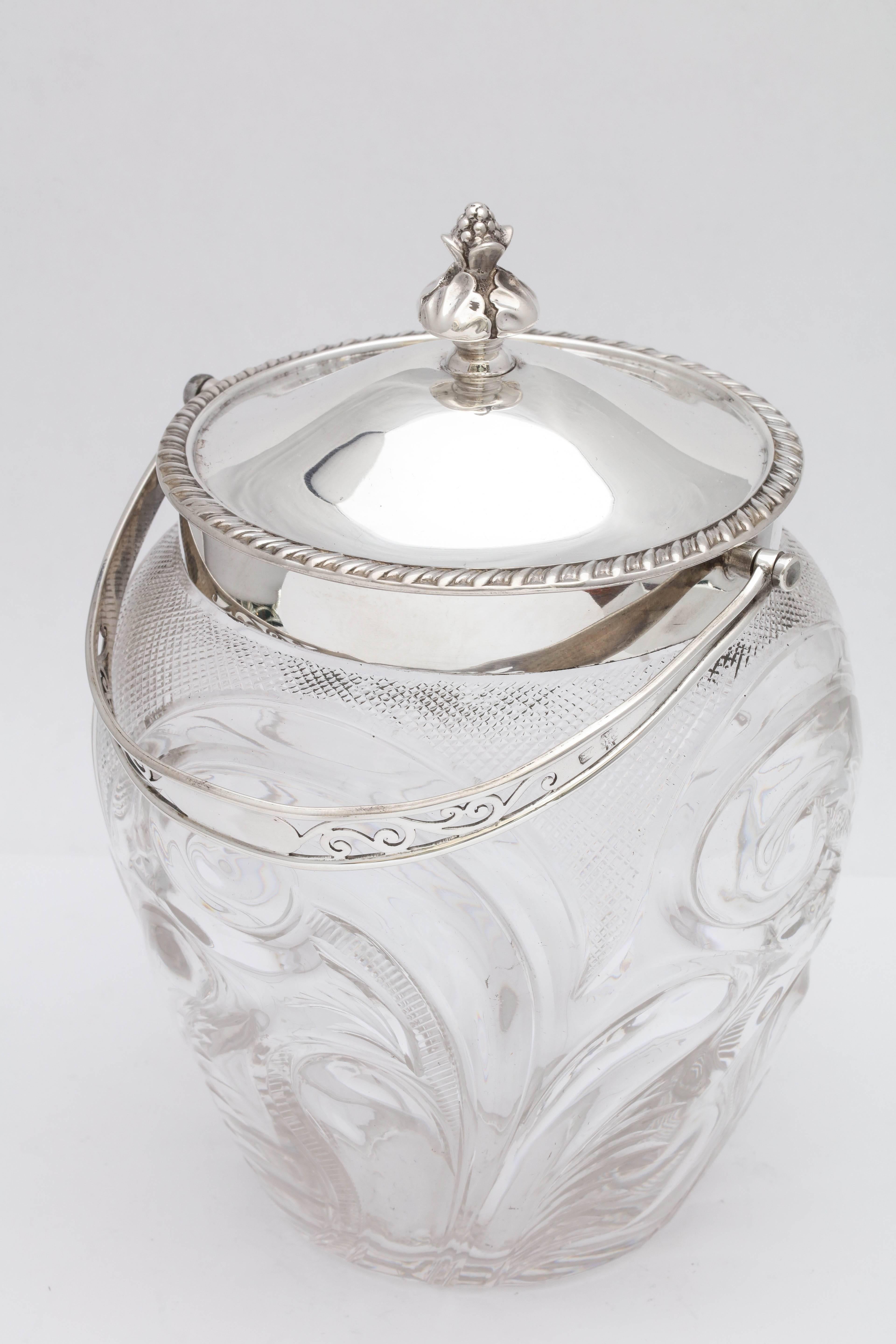 Early 20th Century Edwardian Sterling Silver-Mounted Cut Glass Biscuit Barrel or Ice Bucket