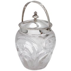 Edwardian Sterling Silver-Mounted Cut Glass Biscuit Barrel or Ice Bucket