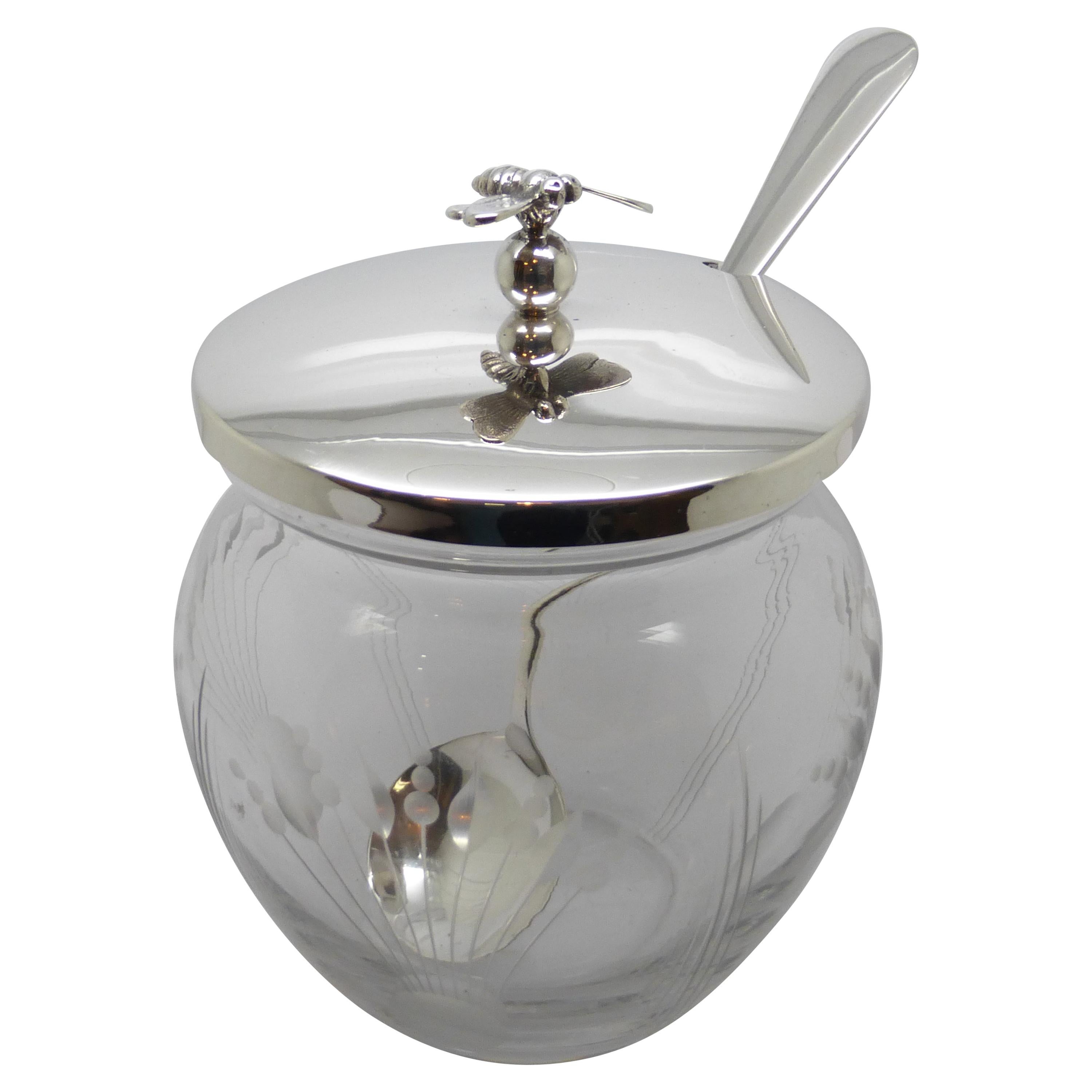 Edwardian Sterling Silver-Mounted Etched Honey Jar with Bumblebee Finial on Lid For Sale