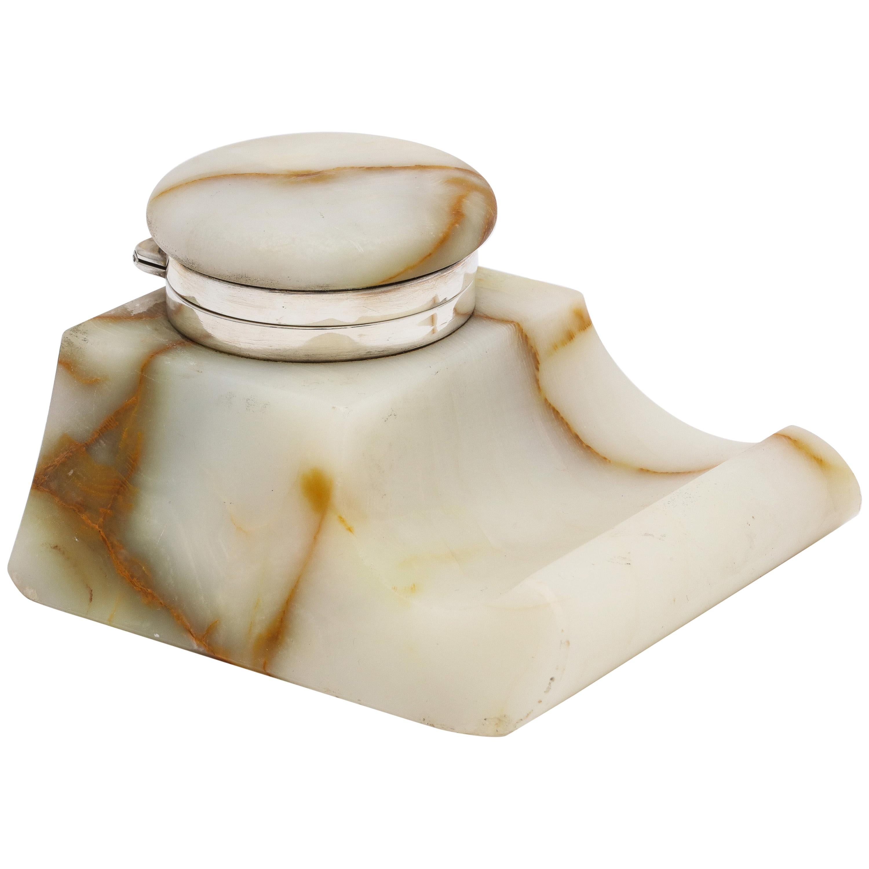 Edwardian Sterling Silver-Mounted Onyx Inkwell For Sale