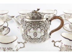 Edwardian Sterling Silver Mounted Royal Worcester Ribbon & Medallion Tea Service