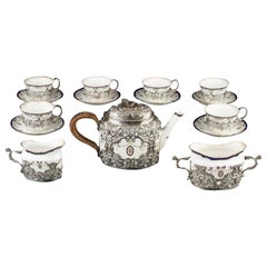 Antique Edwardian Sterling Silver Mounted Royal Worcester Ribbon & Medallion Tea Service