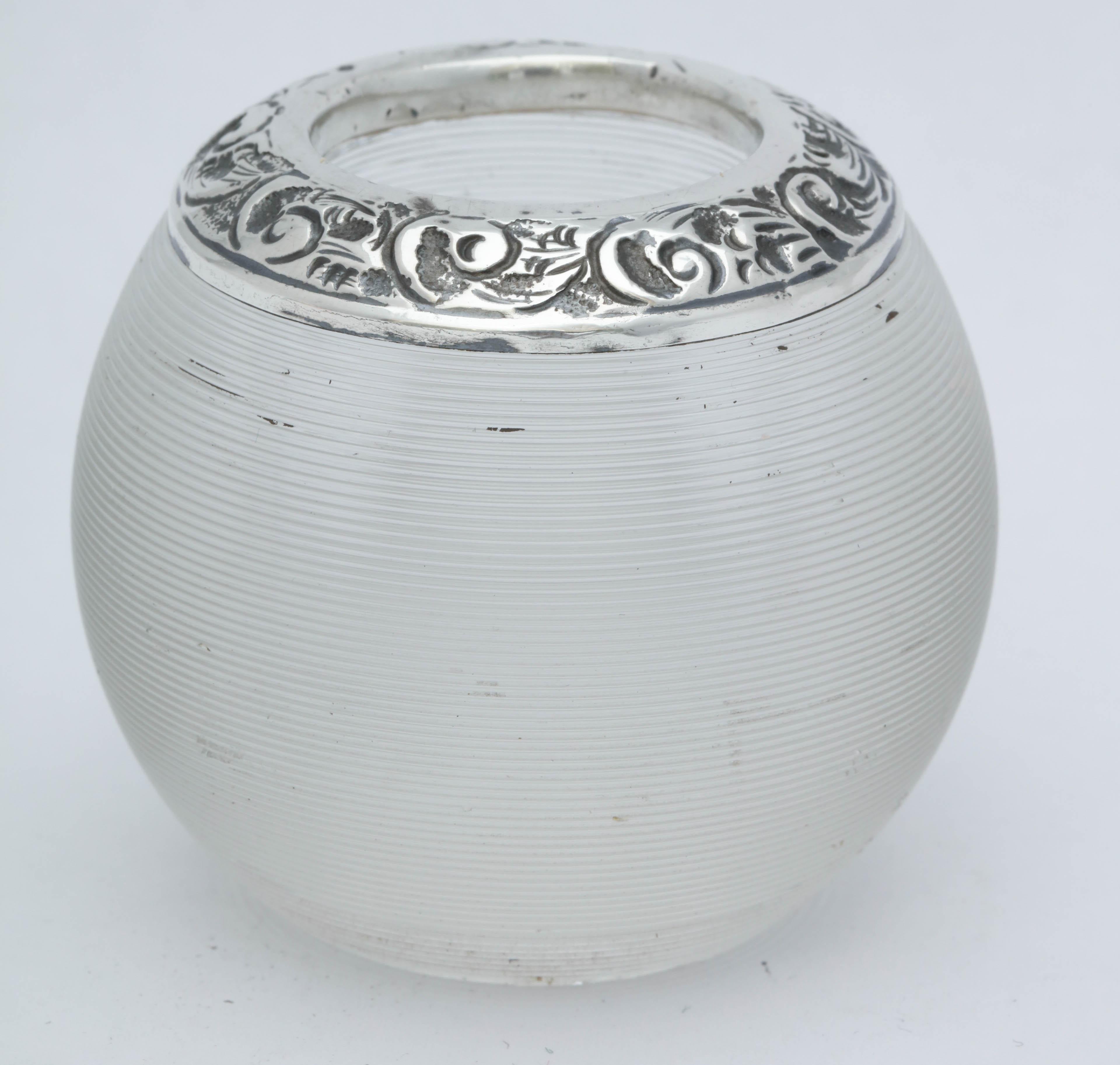 Edwardian, sterling silver-mounted, threaded crystal match striker, Birmingham, England, 1907, Leon Allamand - Maker. Beautiful, ornate, sterling silver mount. Measures 2 1/4 inches high x 2 1/2 inches in diameter. Dark spots in photos are