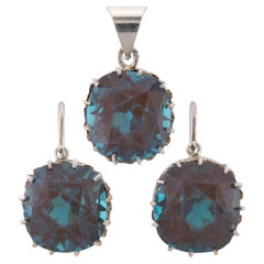 Antique Edwardian Sterling Silver Saphiret Glass Earring & Pendant Set