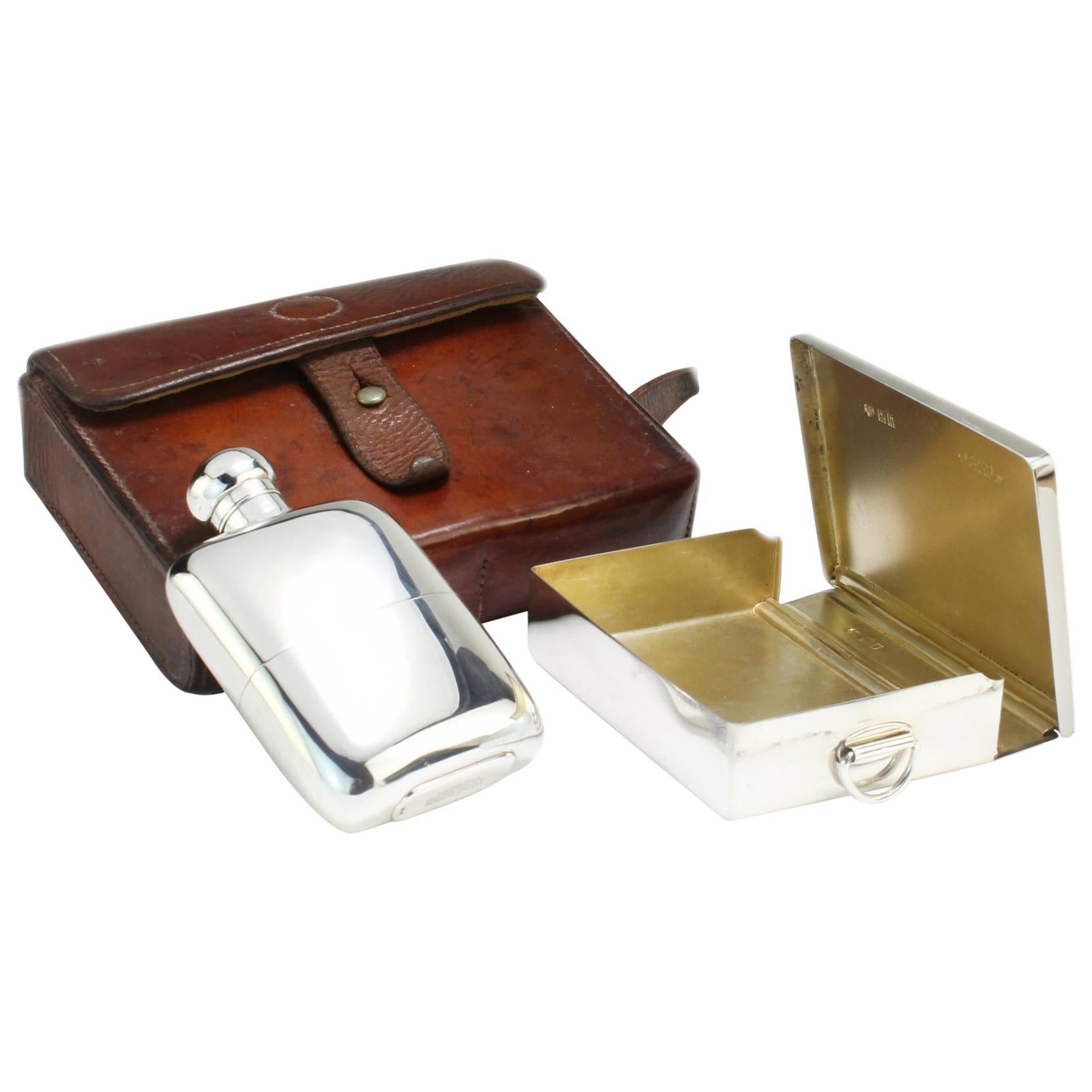 Edwardian Sterling Silver Set of Hip Flask and Sandwich Box in a Leather Case