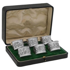 Set di sei portatovaglioli floreali in argento edoardiano con marchio di fabbrica del 1908