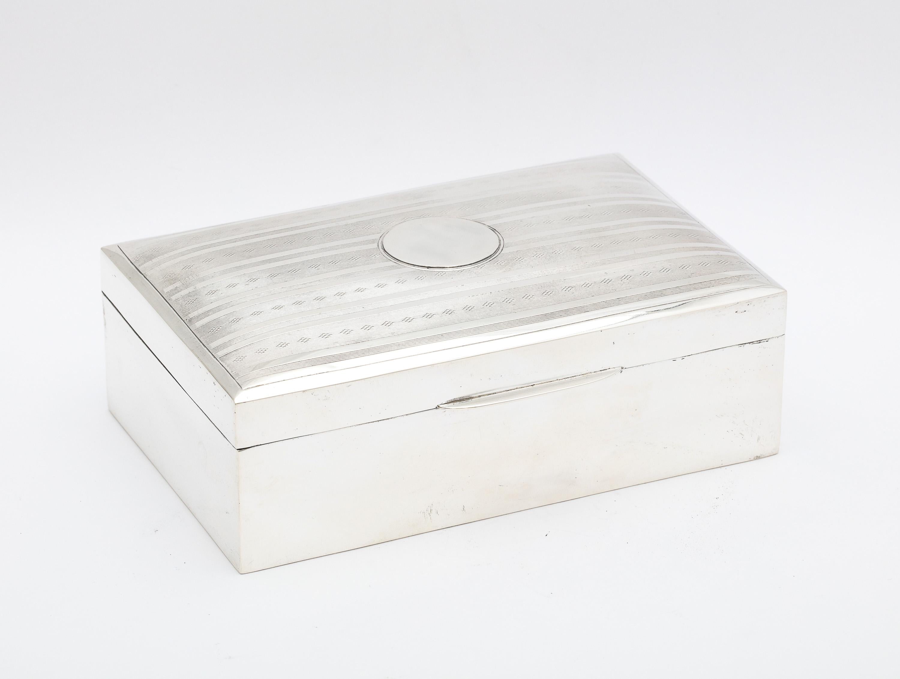 Edwardian, sterling silver table box with hinged lid and wood lining, Chester, England, 1913, Colen Hewer Cheshire - maker. Measures 5 1/2 inches wide x over 3 1/2 inches deep x 2 1/2 inches high at highest point of slightly domed lid. Vacant