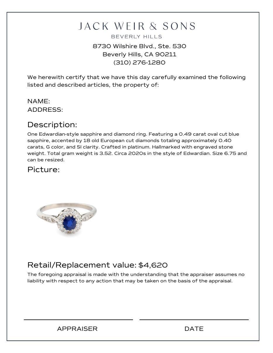 Bague à grappes de saphir, diamant et platine de style édouardien de 0,49 carat Excellent état - En vente à Beverly Hills, CA