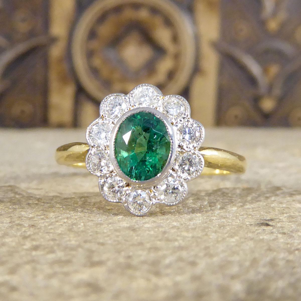 Women's or Men's Edwardian Style 0.60ct Emerald and Diamond Cluster Ring in 18ct Gold