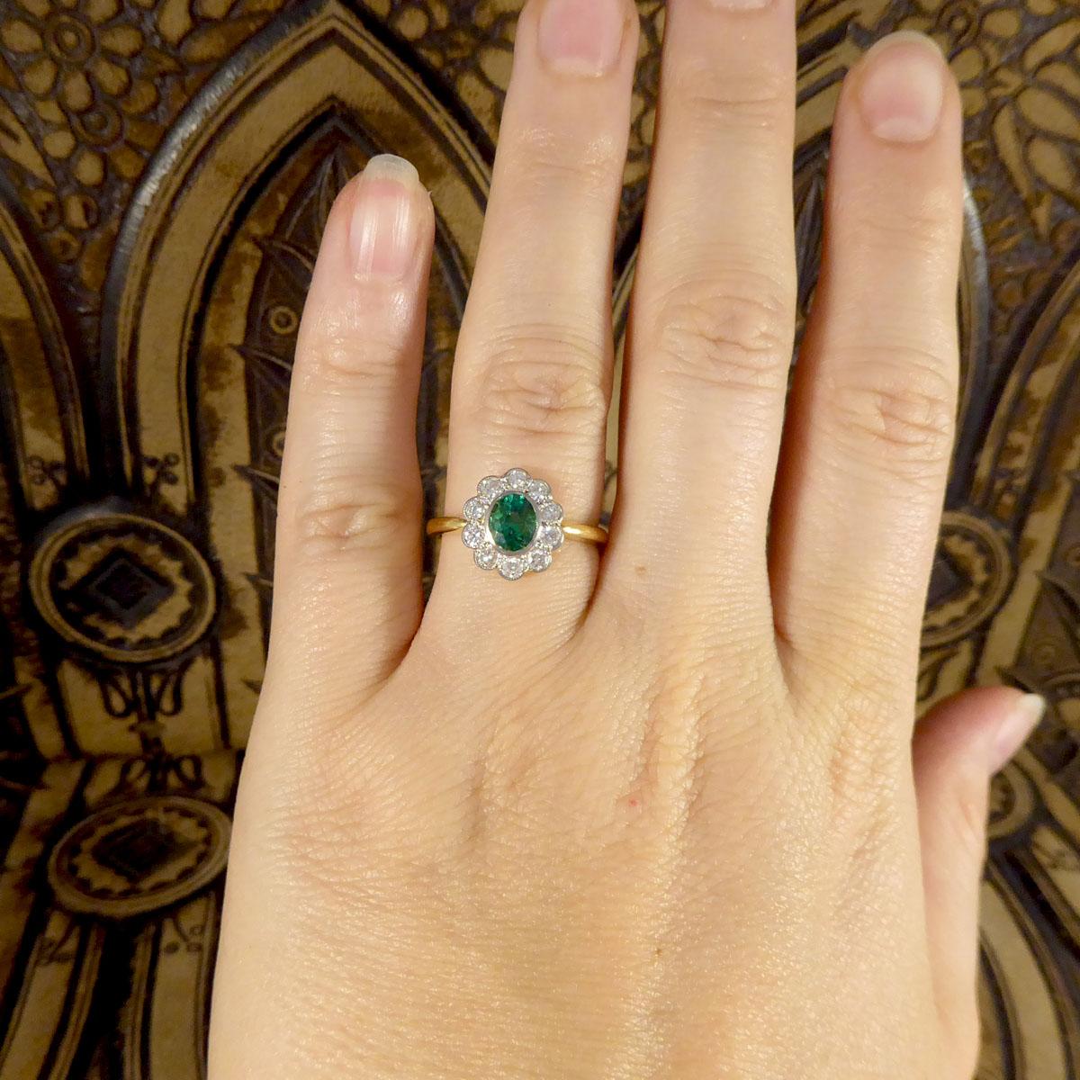 Edwardian Style 0.60ct Emerald and Diamond Cluster Ring in 18ct Gold 1