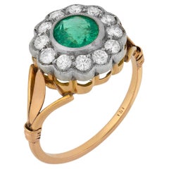 Edwardian style 1.05 carat emerald diamond 18k yellow gold silver cluster ring