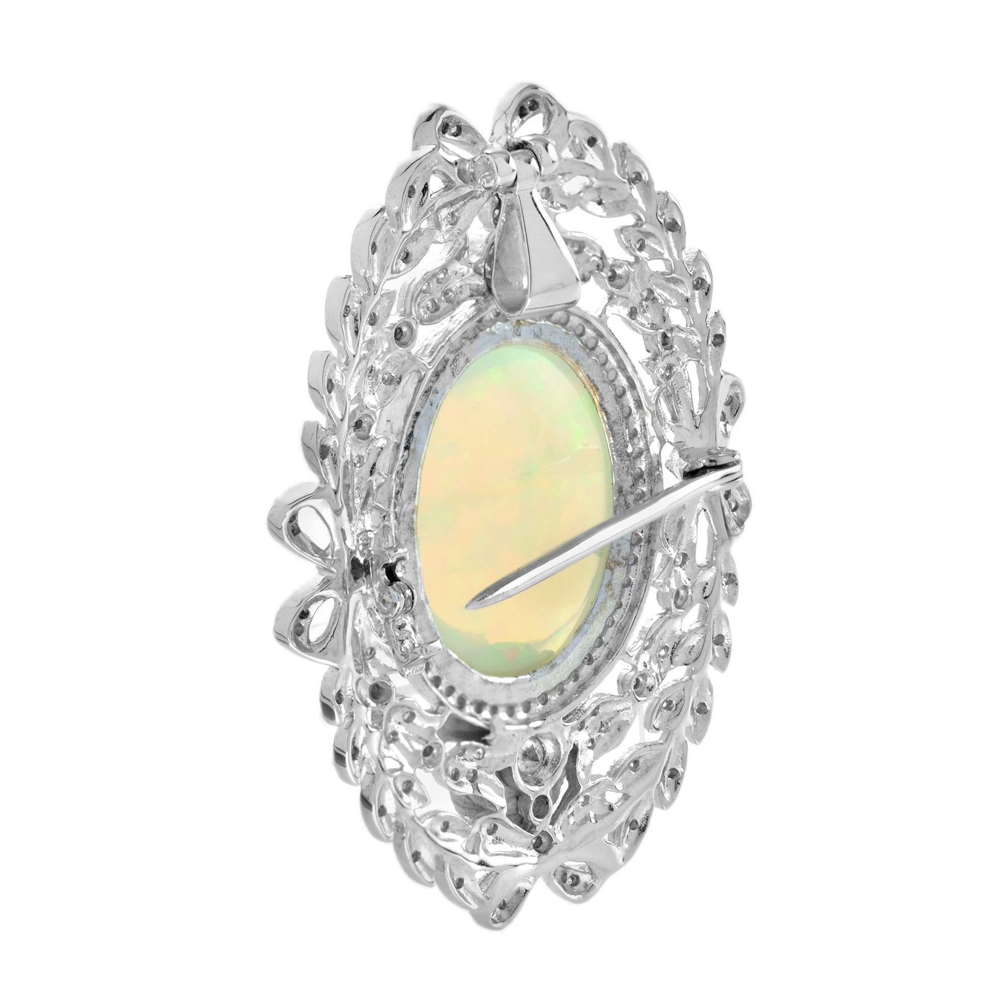 Oval Cut Edwardian Style 13.43 Ct. Ethiopian Opal and Diamond Brooch in 18K White Gold