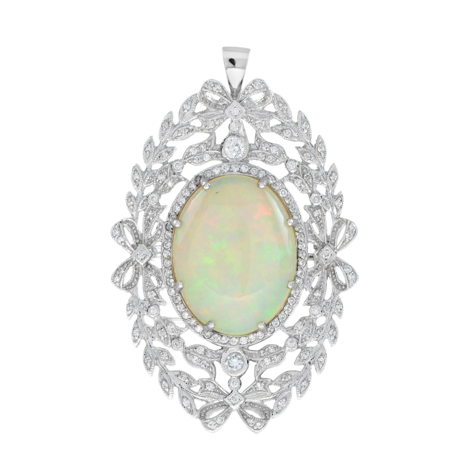 Edwardian Style 13.43 Ct. Ethiopian Opal and Diamond Brooch in 18K White Gold In New Condition In Bangkok, TH