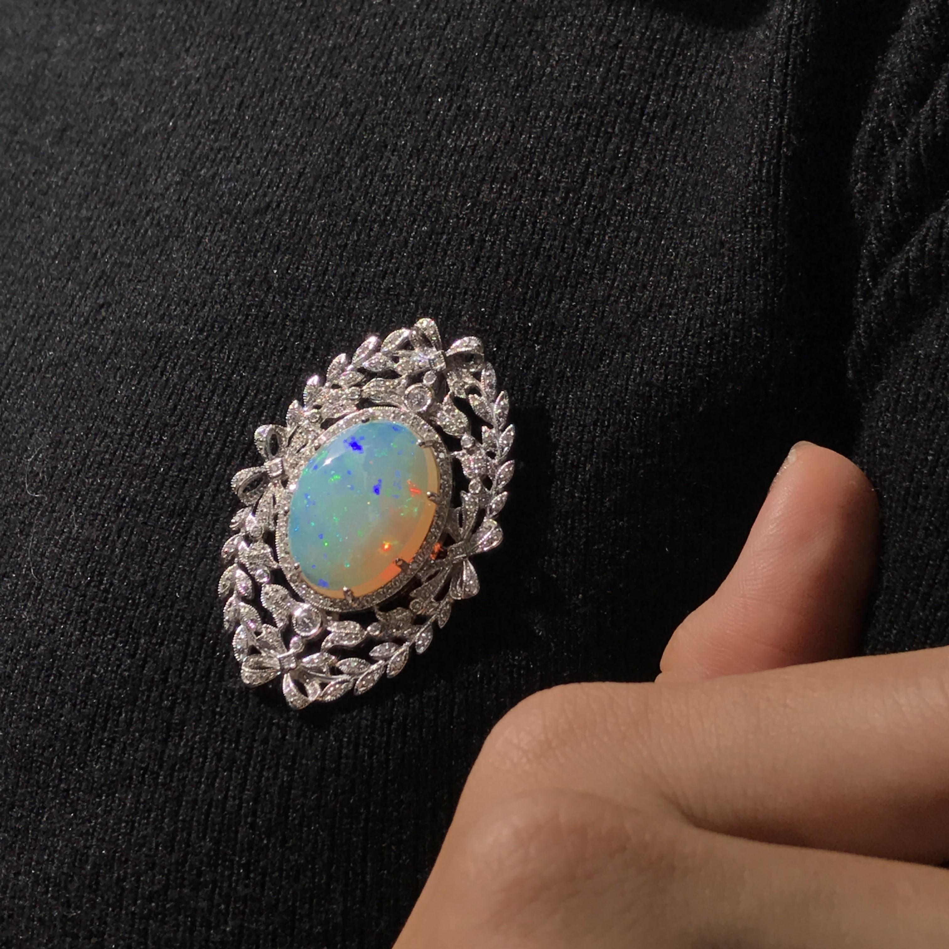 Edwardian Style 13.43 Ct. Ethiopian Opal and Diamond Brooch in 18K White Gold 2