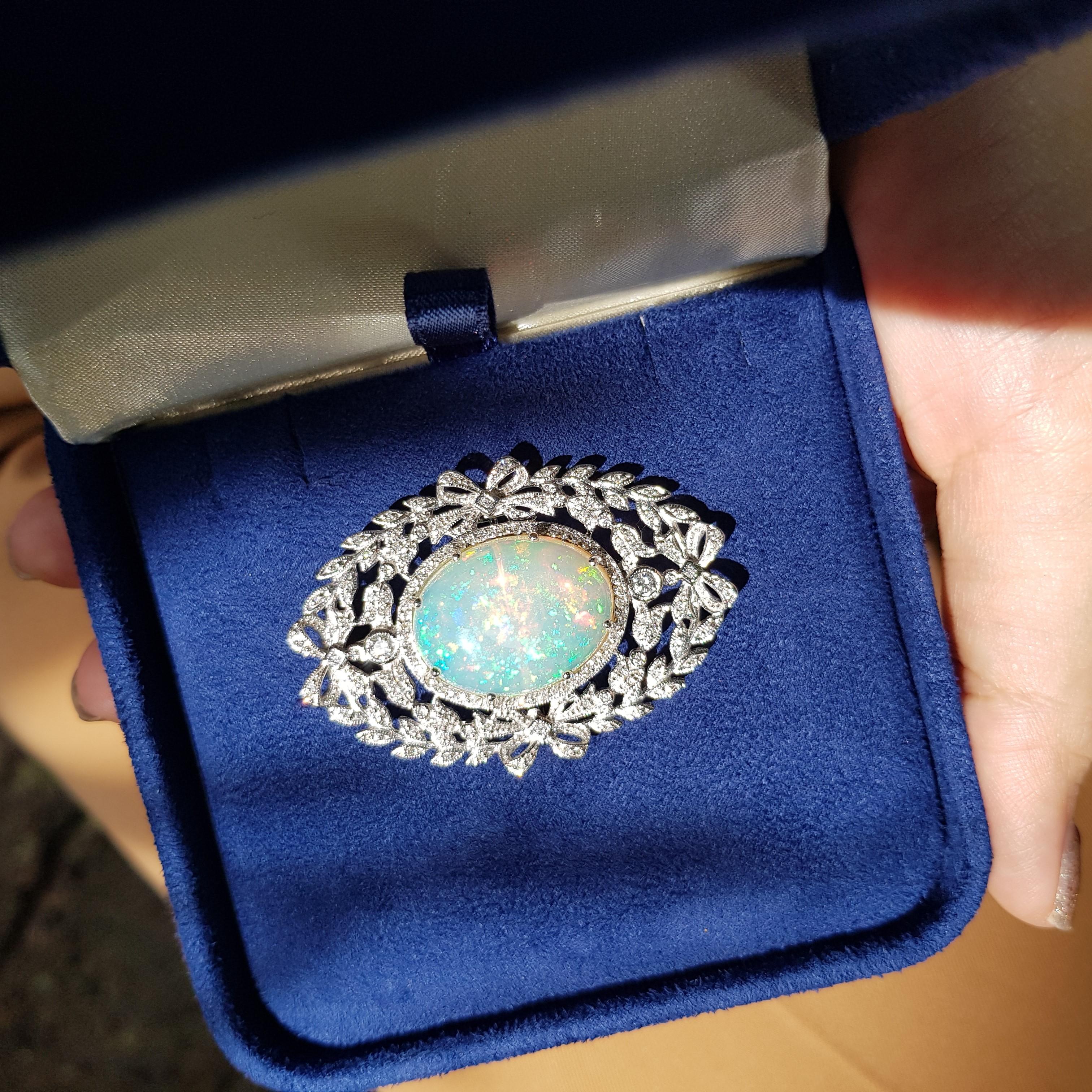 Edwardian Style 13.43 Ct. Ethiopian Opal and Diamond Brooch in 18K White Gold 3