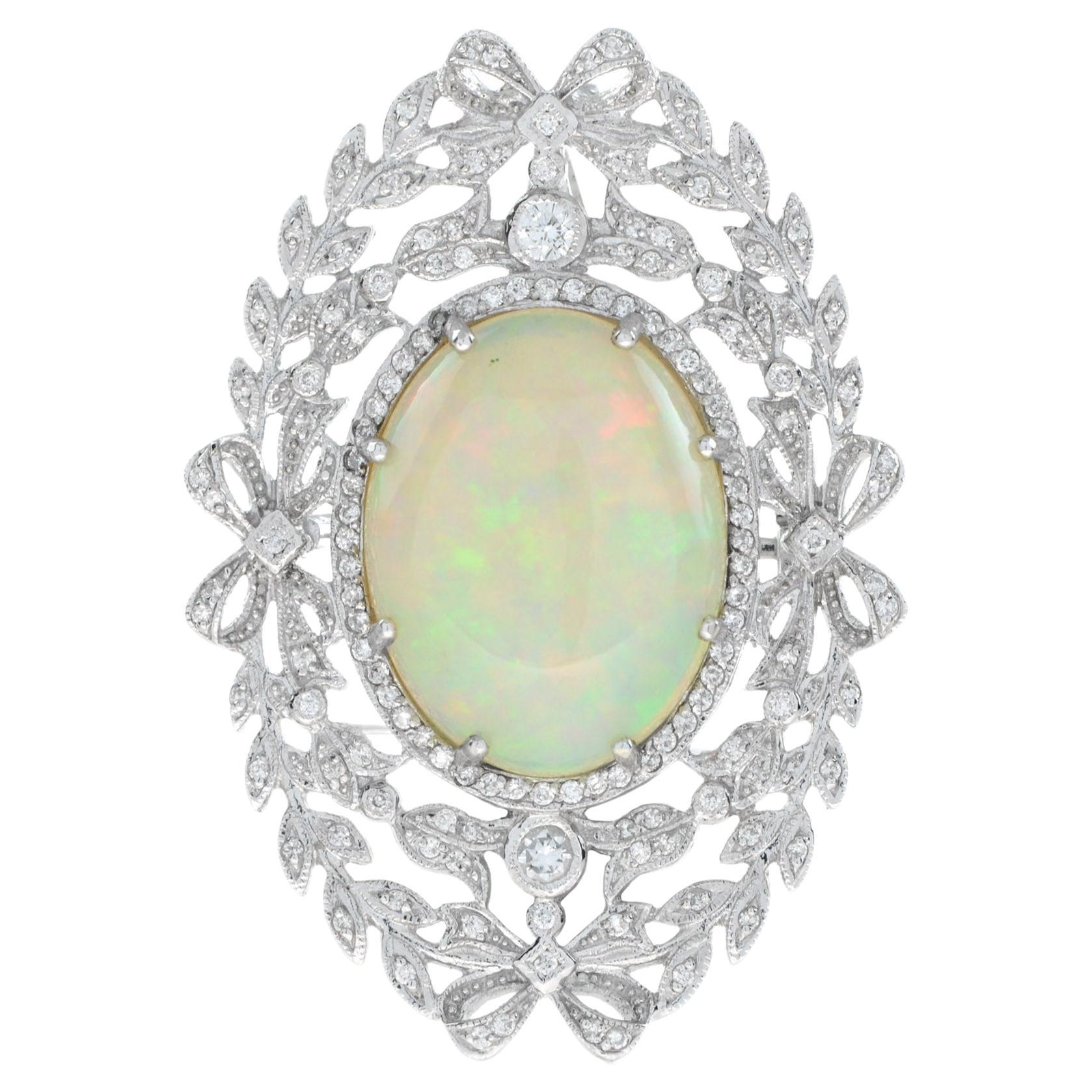 Edwardian Style 13.43 Ct. Ethiopian Opal and Diamond Brooch in 18K White Gold