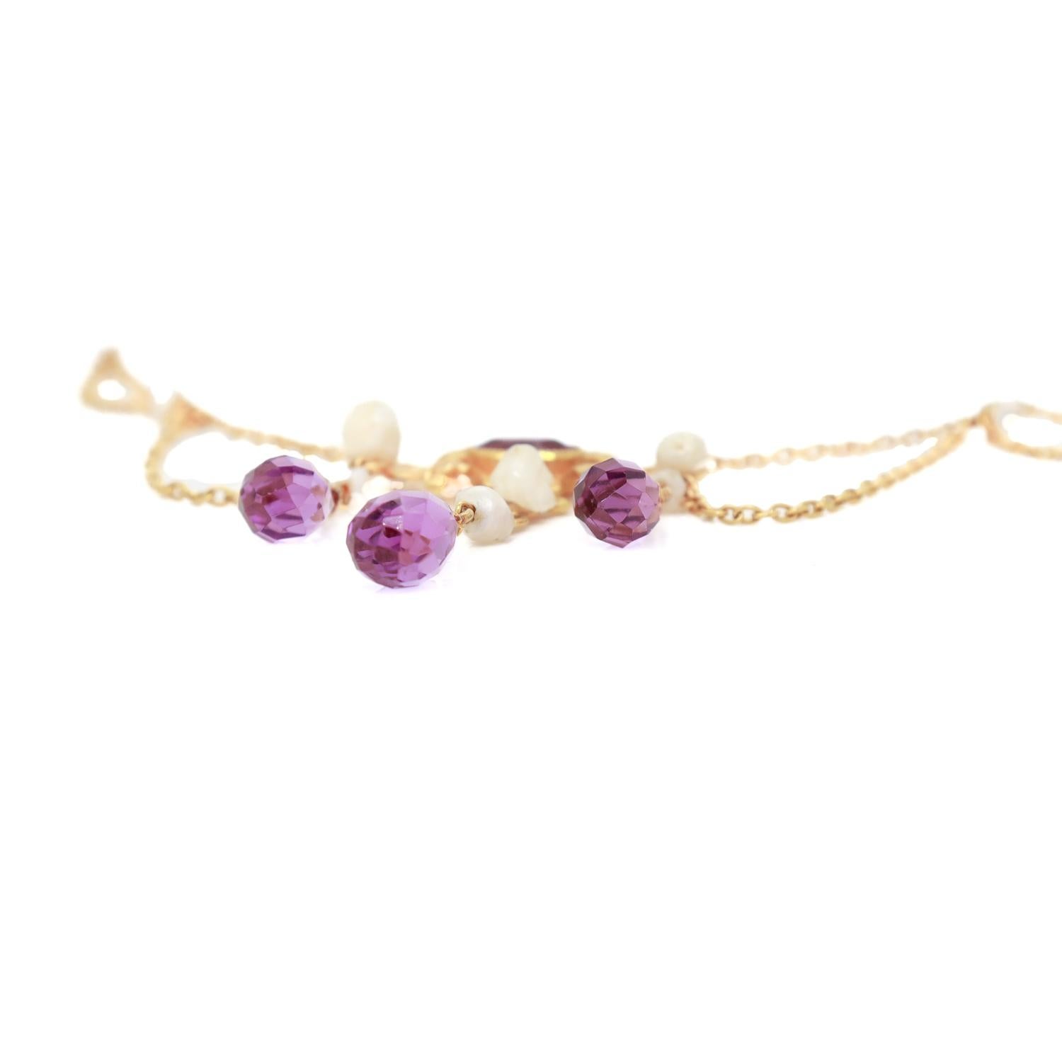 Edwardian Style 14K Gold, Amethyst, & Pearl Festoon Necklace For Sale 5