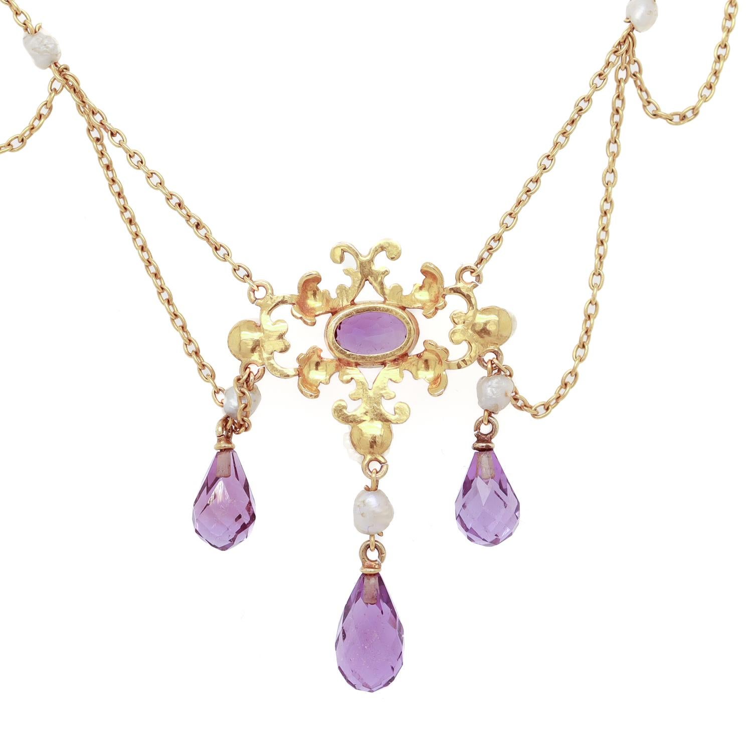 Edwardian Style 14K Gold, Amethyst, & Pearl Festoon Necklace For Sale 6