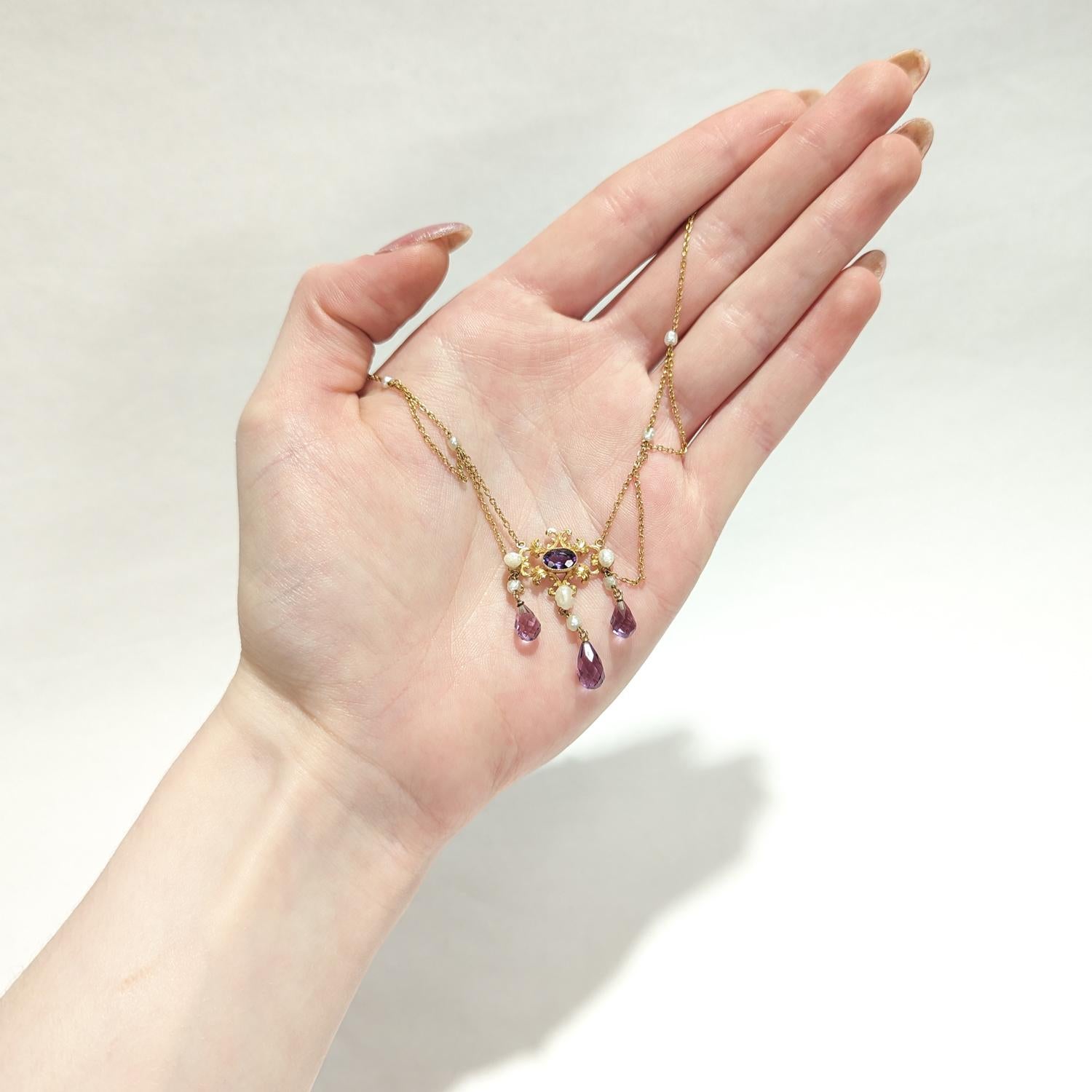 Briolette Cut Edwardian Style 14K Gold, Amethyst, & Pearl Festoon Necklace For Sale