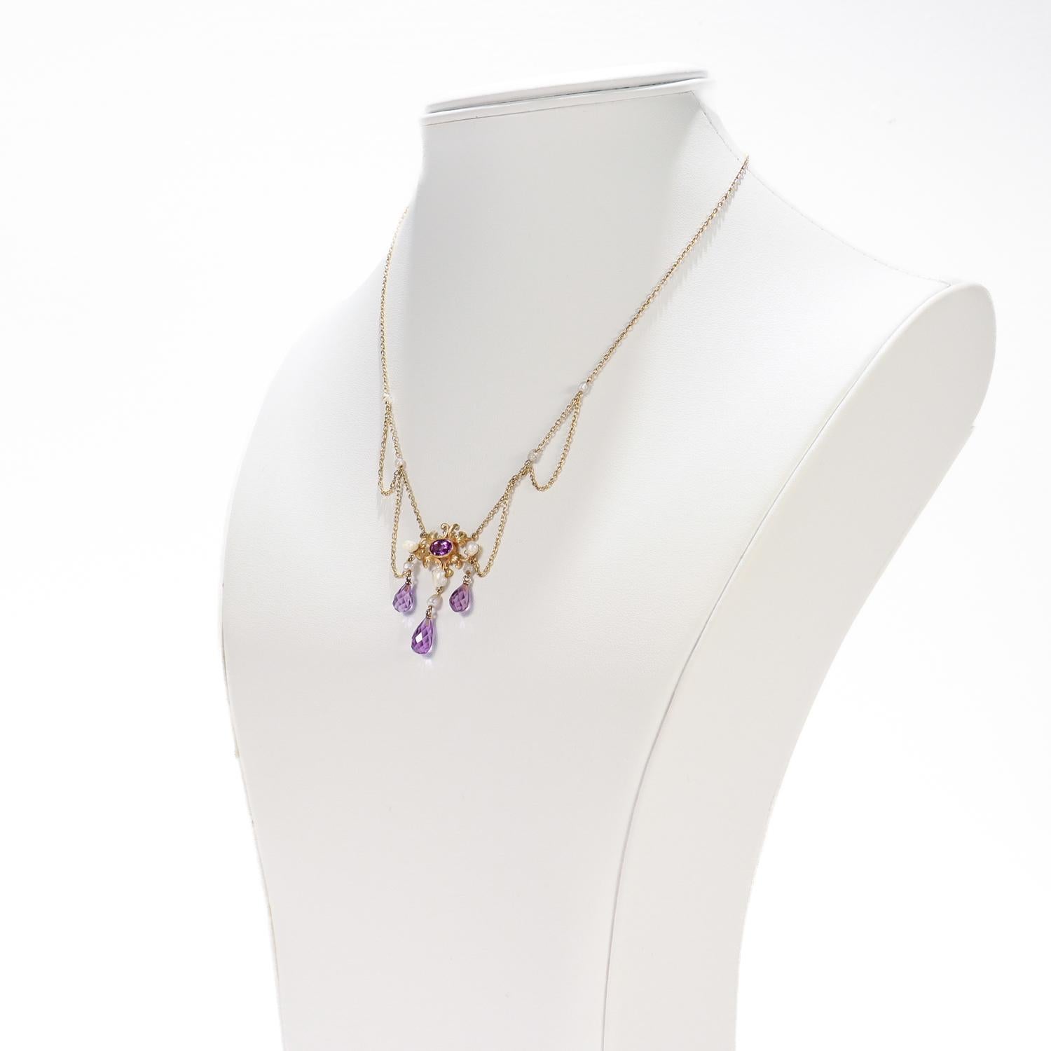 Women's Edwardian Style 14K Gold, Amethyst, & Pearl Festoon Necklace For Sale