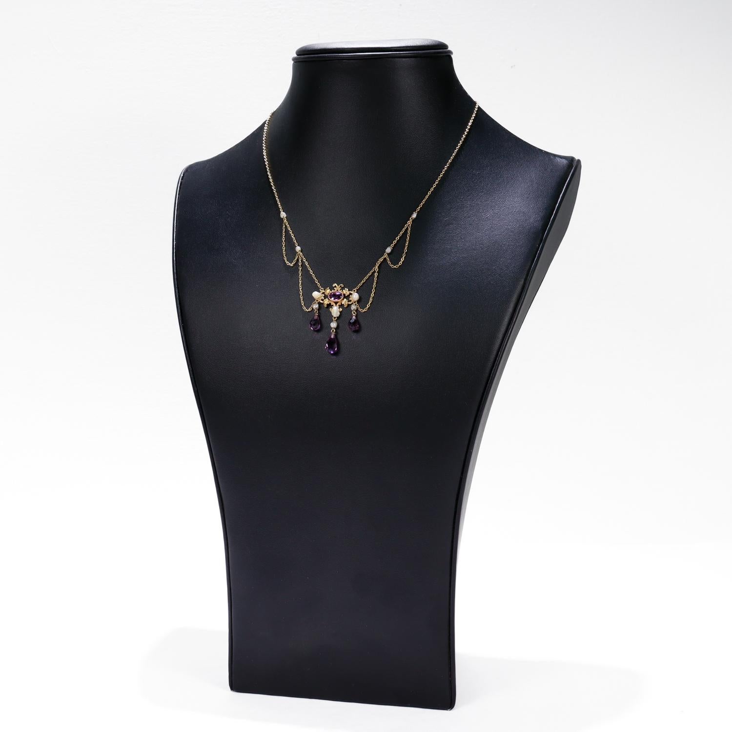Edwardian Style 14K Gold, Amethyst, & Pearl Festoon Necklace For Sale 1