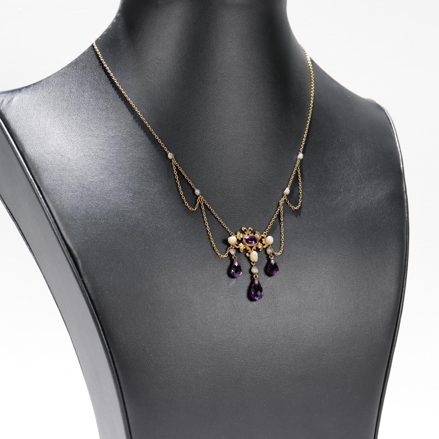 Edwardian Style 14K Gold, Amethyst, & Pearl Festoon Necklace For Sale 2