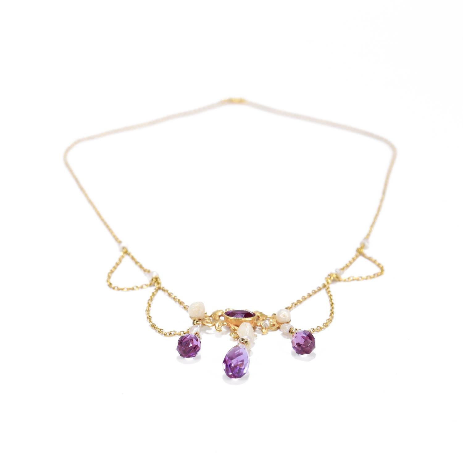 Edwardian Style 14K Gold, Amethyst, & Pearl Festoon Necklace For Sale 3