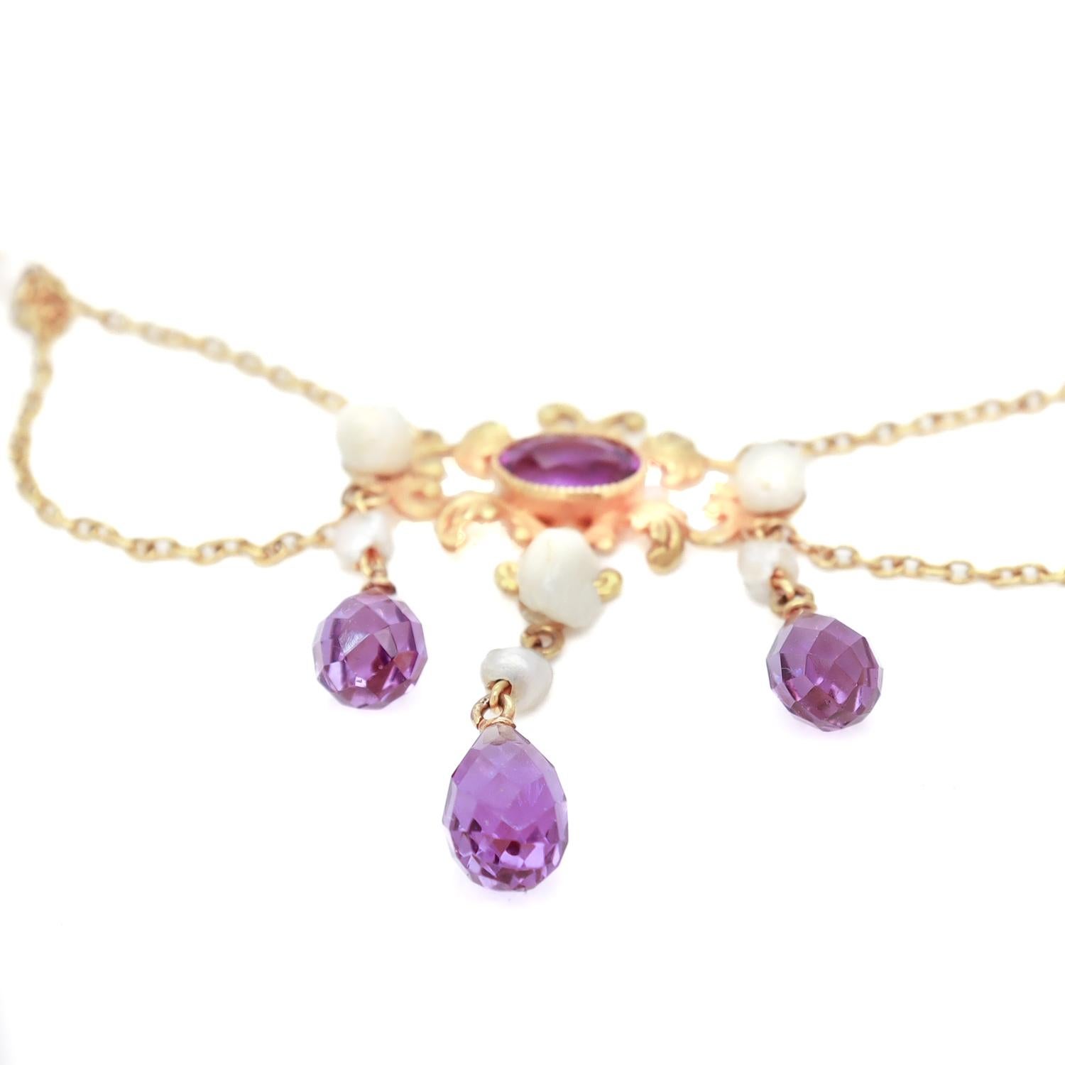 Edwardian Style 14K Gold, Amethyst, & Pearl Festoon Necklace For Sale 4
