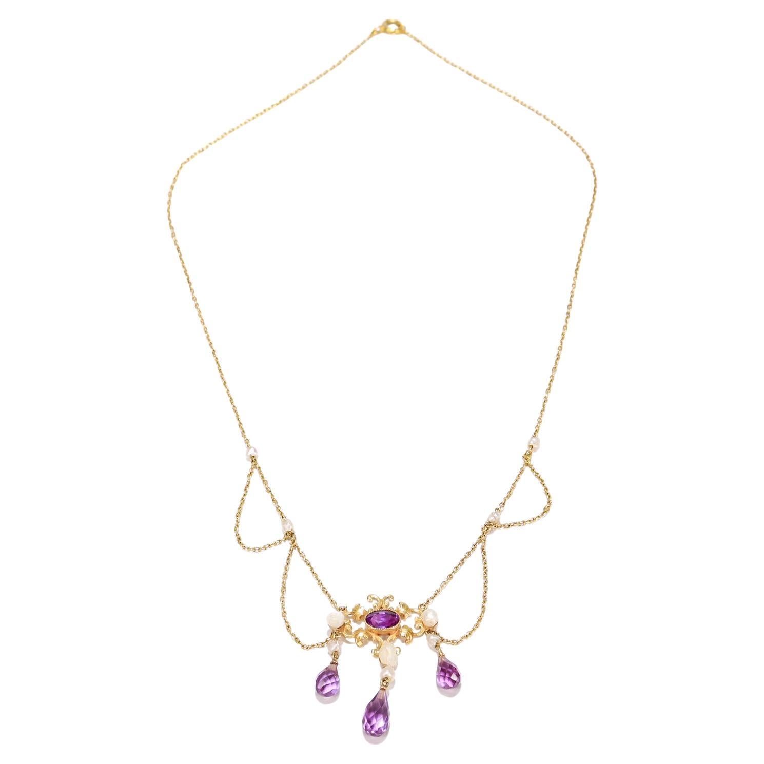 Edwardian Style 14K Gold, Amethyst, & Pearl Festoon Necklace