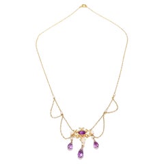 Edwardian Style 14K Gold, Amethyst, & Pearl Festoon Necklace
