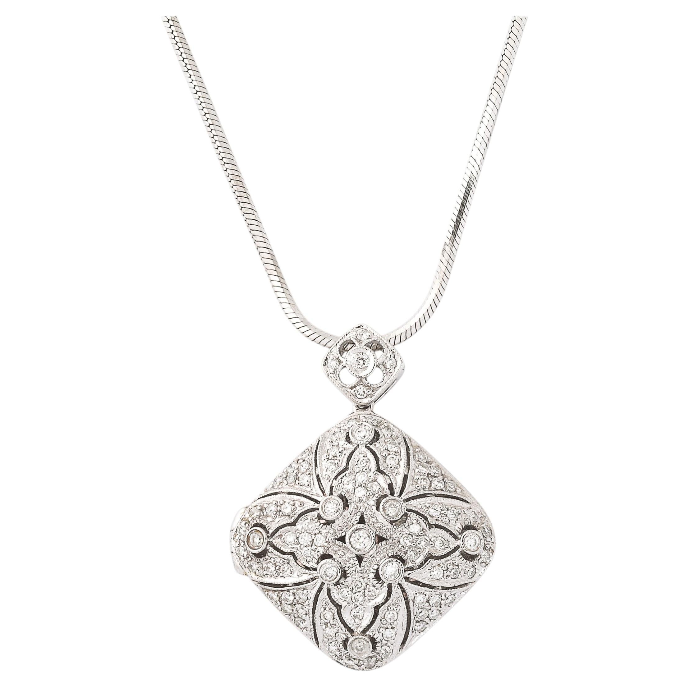 Edwardian Style 14K White Gold & Pave Diamond Locket Pendant Necklace