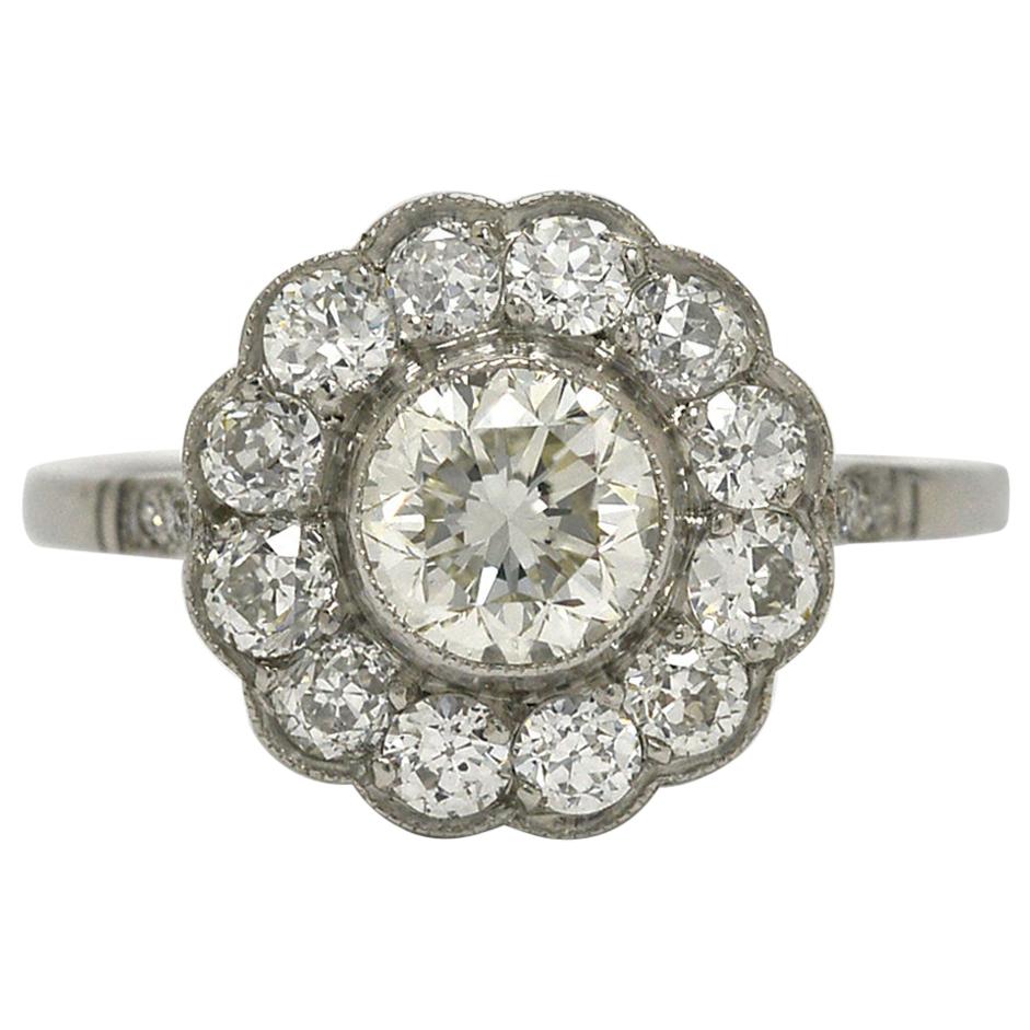 Edwardian Style 1.50 Diamond Floral Cluster Halo Platinum Flower Engagement Ring