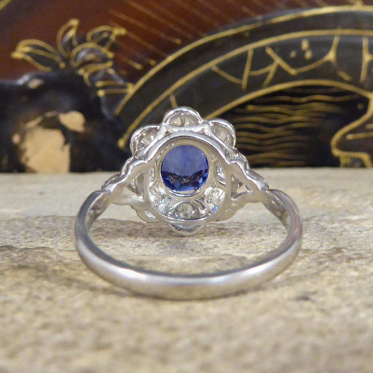 Edwardian Style 1.50ct Sapphire and 1.10ct Diamond Cluster Ring in Platinum In Excellent Condition For Sale In Yorkshire, West Yorkshire