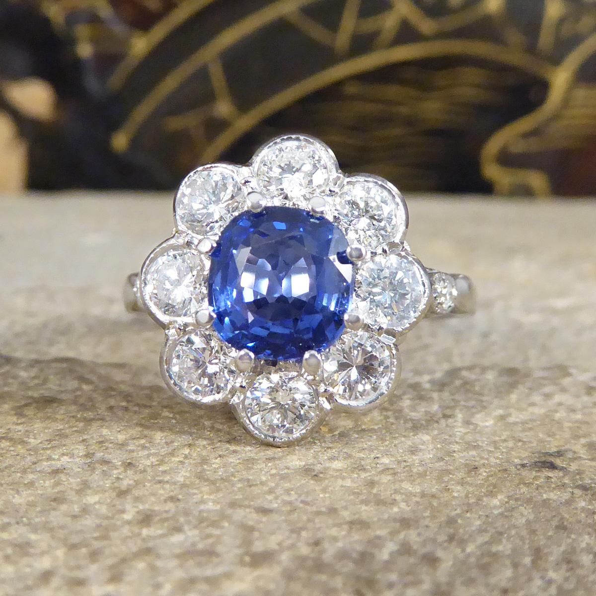 Women's Edwardian Style 1.50ct Sapphire and 1.10ct Diamond Cluster Ring in Platinum For Sale
