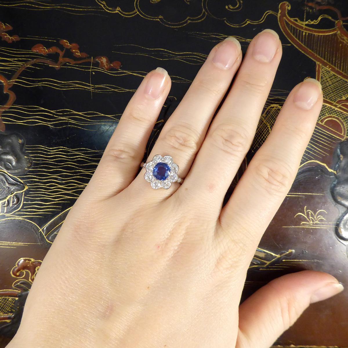 Edwardian Style 1.50ct Sapphire and 1.10ct Diamond Cluster Ring in Platinum For Sale 1