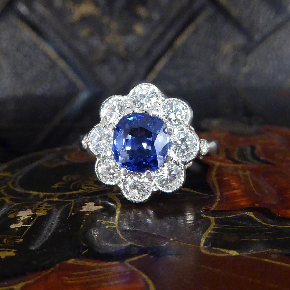 Edwardian Style 1.50ct Sapphire and 1.10ct Diamond Cluster Ring in Platinum For Sale 2