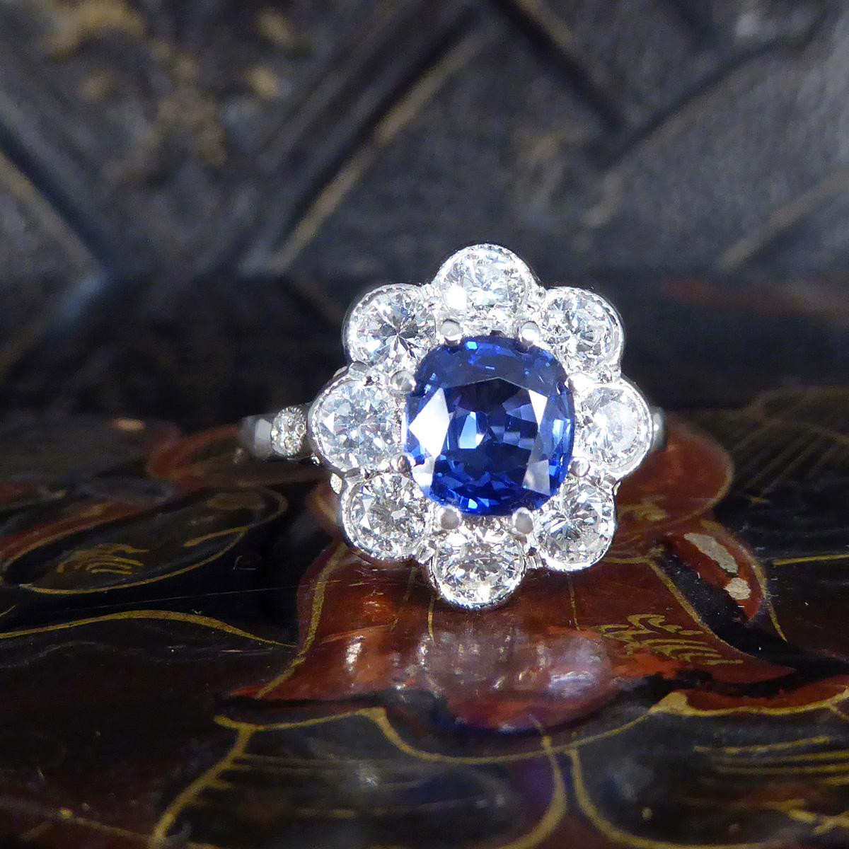 Edwardian Style 1.50ct Sapphire and 1.10ct Diamond Cluster Ring in Platinum For Sale 3