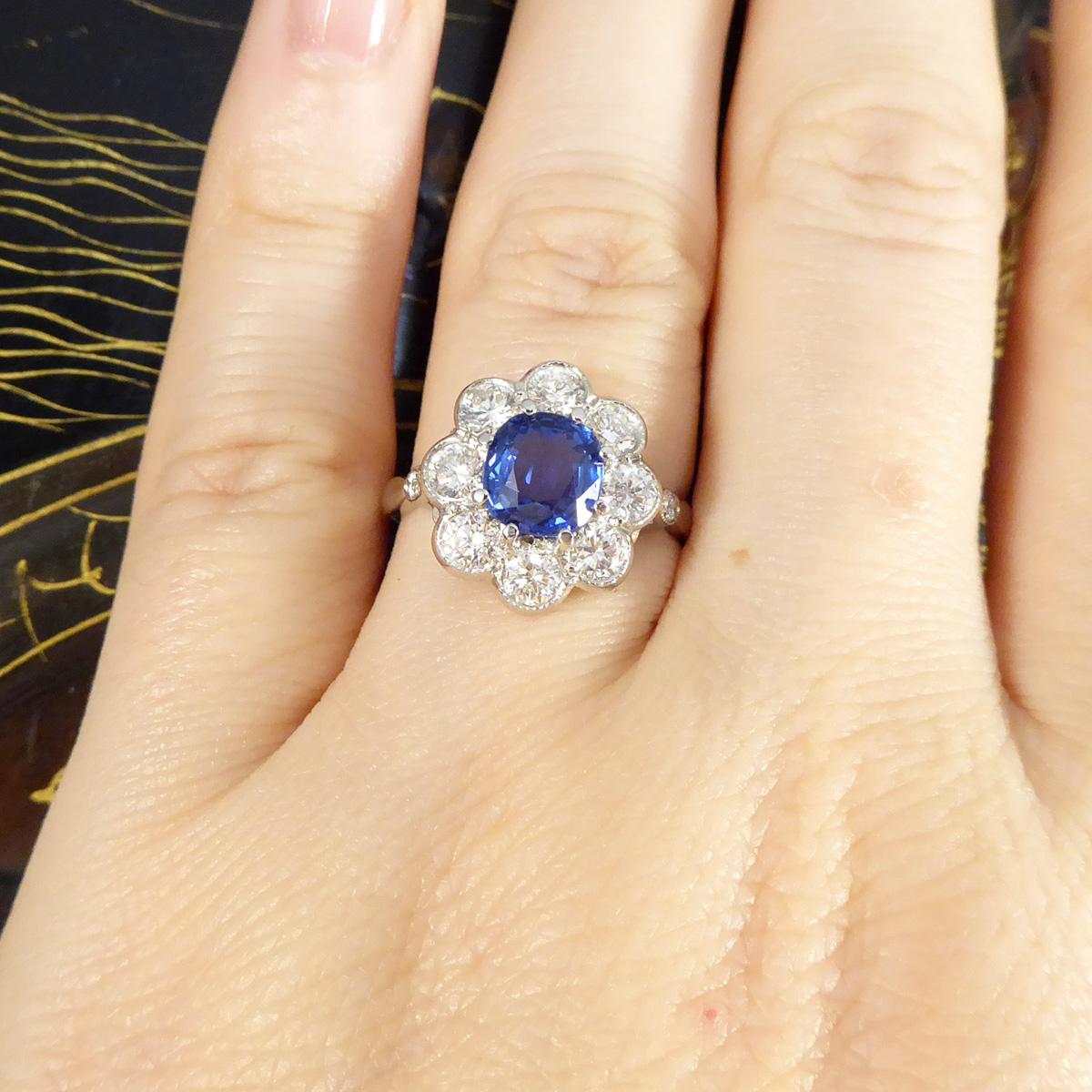 Edwardian Style 1.50ct Sapphire and 1.10ct Diamond Cluster Ring in Platinum For Sale 4