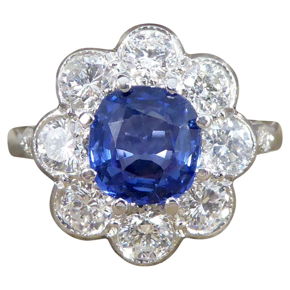 Edwardian Style 1.50ct Sapphire and 1.10ct Diamond Cluster Ring in Platinum For Sale