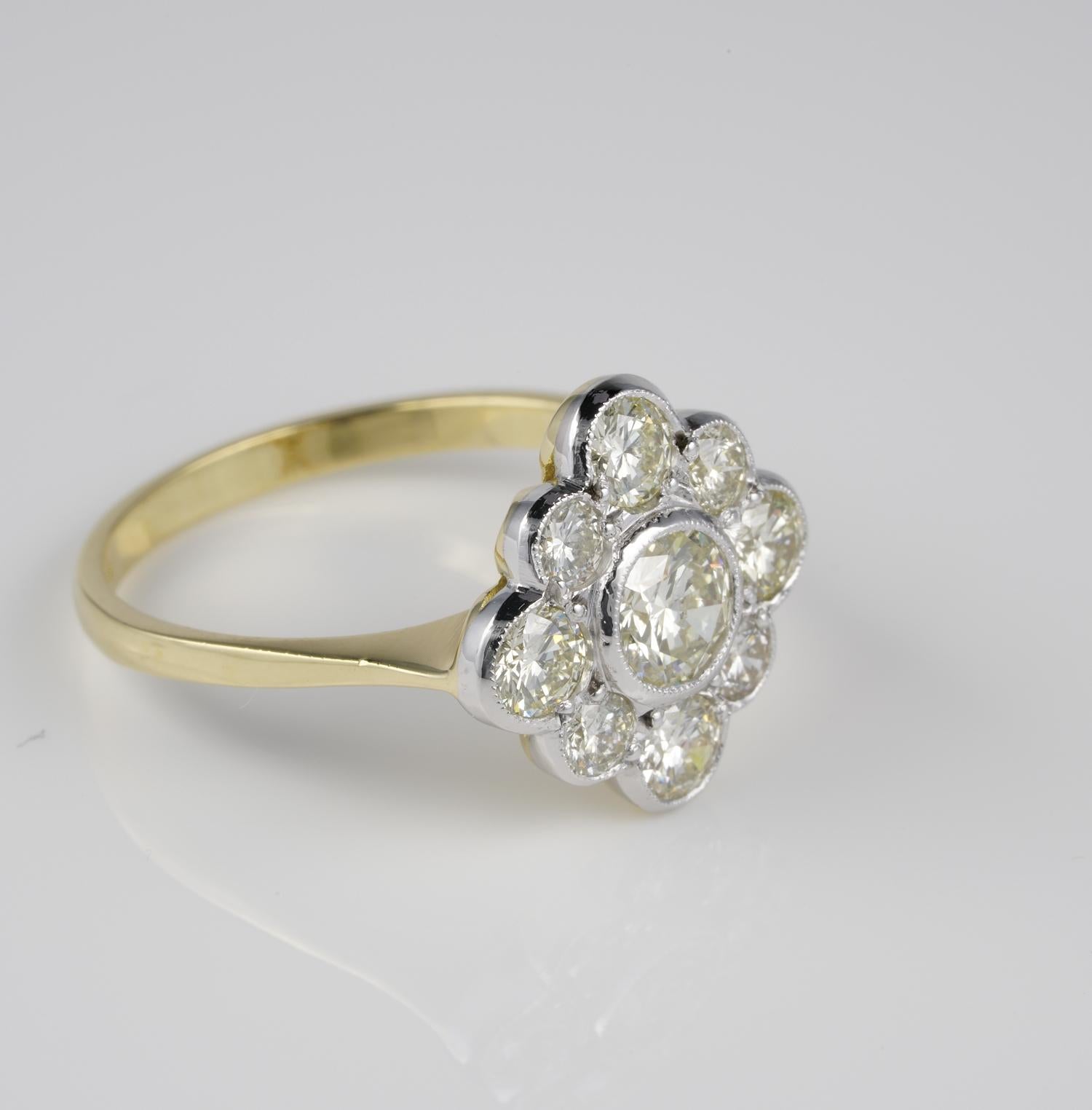 A Burst of Diamonds
Very charming old cluster ring boasts fine hand crafting in combination with high degree old transitional Brilliant cut Diamonds
Low profile for the crown which is Platinum made backed with 18 KT gold -stamped
Perfect engagement